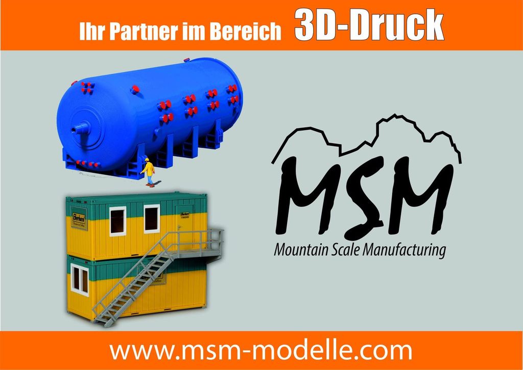 Beispielmodelle für 3D-Druck: Blauer Zylinder und grüne/gelbe Container